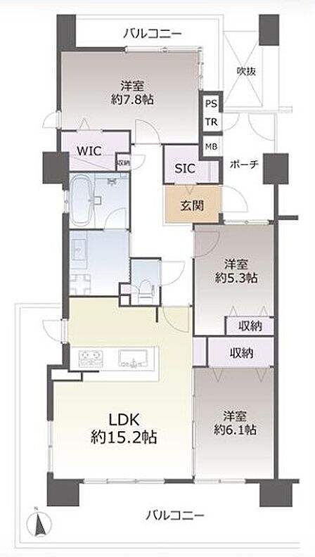 広々LDK約15.2帖、全居室収納付きの3LDK。SICとWICも備え、充実の収納力が魅力です。二面バルコニーで開放感も得られます。