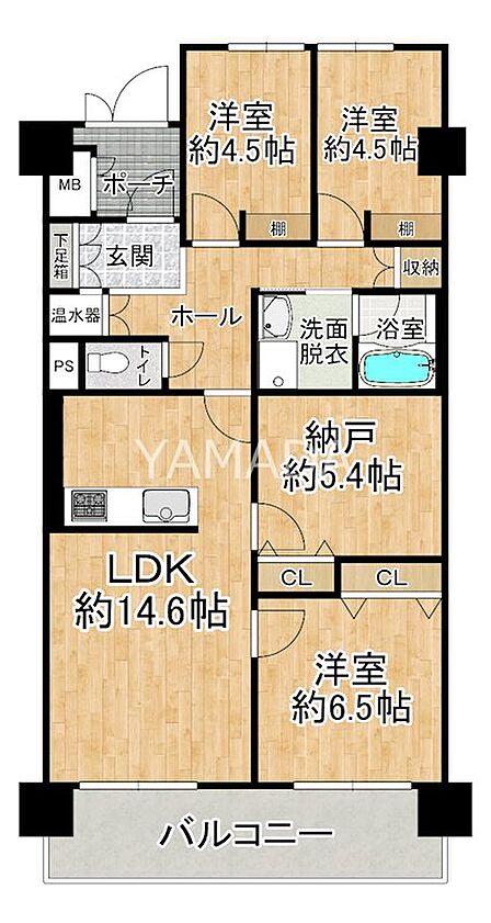 開放的なLDK約14.6帖に、全居室収納付きで収納力も充実。約5.4帖の納戸は多様な使い方が可能です。ファミリーにもおすすめの間取りです。