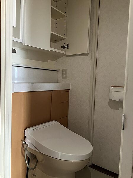 手洗器別の温水洗浄便座のトイレです。掃除用品やトイレットペーパーなどの買い置きに便利な収納があります。