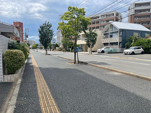 前面の道路は、広々とした歩道があります。
