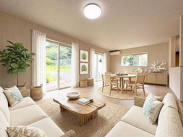 幅広く南側に面したリビング。※生成AIによるイメージです。家具・小物等は販売価格に含まれません。