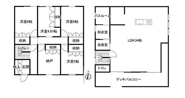 圧倒的開放感の34帖LDKとしっかり確保された個室