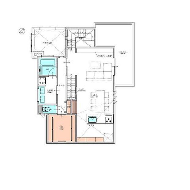 2Fの間取り図。キッチンや浴室などの動線が集中しています。