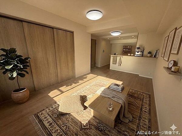 家具レイアウトが自由自在！14.3帖の広々とした長方形LDK。※家具はＡＩによるイメージです