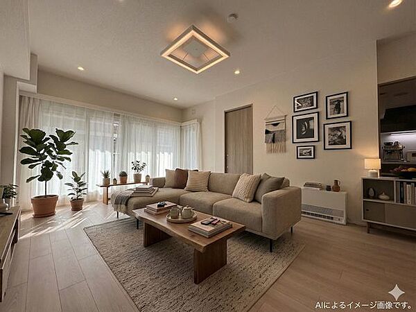 白を基調としたクロスと木目調の建具が調和する、清潔感あふれるリビング※この写真には、CG（AI）による家具・調度品の配置イメージを合成しております