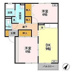 ビュークレスト　Ｄ 2階2DKの間取り