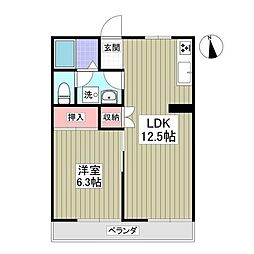 ビューハイツ講堂 1階1LDKの間取り