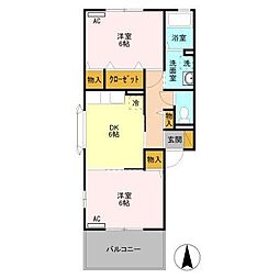 セジュール　III 2階2DKの間取り