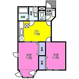 アルブルヴィラージュ2棟 2DKの間取図画像