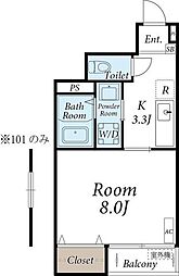 クレストIV 1階1Kの間取り