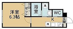 グランビュール八木山本町 2階1Kの間取り