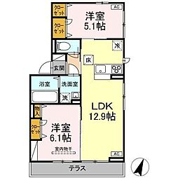 クレージュ大和町 1階2LDKの間取り