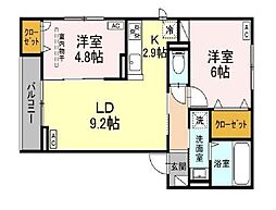Ｄ−ＲＯＯＭ小田原8丁目III 2階2LDKの間取り