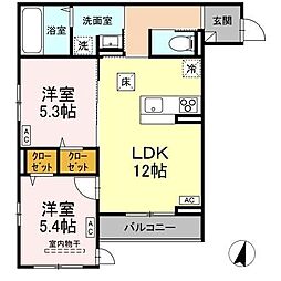 Ｄ−ＲＯＯＭ遠見塚II 1階2LDKの間取り