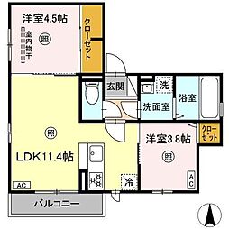 Ｄ−ｒｏｏｍプリメーロ花 2階2LDKの間取り