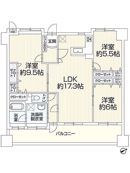 約17.3帖の広々としたLDKが魅力。各洋室に収納があり、すっきり暮らせる3LDKの間取りです。バルコニーも備え、快適な暮らしをサポートします。