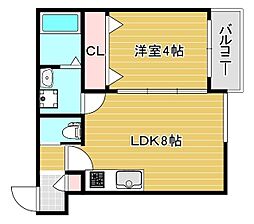 セレニティ勝山北 3階1LDKの間取り