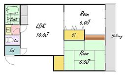 グランドハイツ長居 3階2DKの間取り