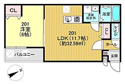 プラムコート椥辻 1LDKの間取図画像