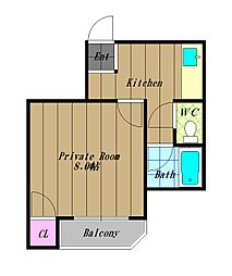 川辺ビル512 1Kの間取図画像