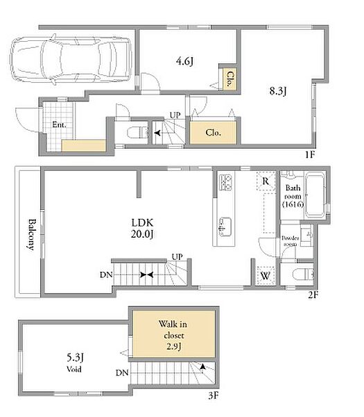 ◆3階建て建物プラン例（間取り図）◆延床面積100.75?◆建物価格例1、990万円（建物参考価格には設計料95万円、地盤改良費、給水引込工事費用、外構費は含まれていません）