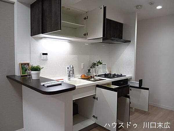 豊富な収納力を備えたシステムキッチン。調理器具などをすっきりと収められ、毎日の家事を効率的にサポートする機能的な設備環境が整っています。
