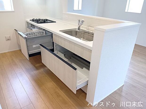 ビルトインタイプの食器洗浄乾燥機とスライド式の収納を備えています。調理器具や食器をすっきりと整理でき、日々の家事負担を軽減する設備です。