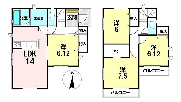 【A号棟】全居室が6帖以上+*お子さまのお部屋にもジャストサイズの間取りです♪ 敷地面積:107.50m2(32.51坪) 建物面積:97.29坪(29.43坪)