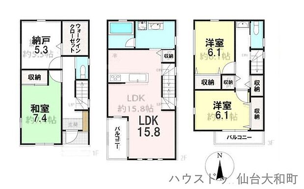 。＋A棟。＋　3LDK＋納戸　敷地面積：106.39m2　建物面積：95.38m2