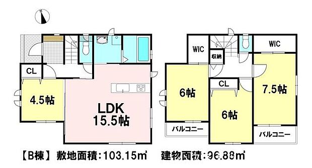 【B棟】敷地面積:103.15m2 建物面積:96.88m2