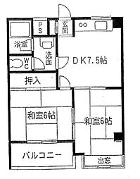 コスモパレス甲東園 2DKの間取図画像