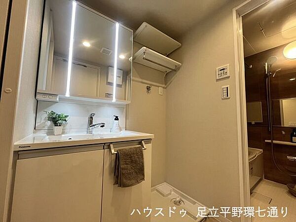 三面鏡付き洗面化粧台を備えた洗面室。洗濯機置場もまとまり、家事動線も良好です。
