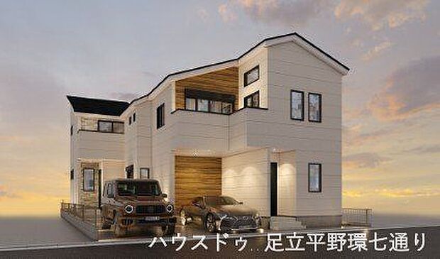 夕景に映える温かな照明が、住まいの上質感を演出。昼夜で異なる表情を楽しめるスタイリッシュな邸宅です。