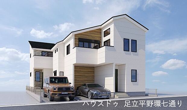 白を基調に木目調アクセントを施した、明るく洗練された外観。並列駐車が可能なゆとりあるスペースも魅力です。