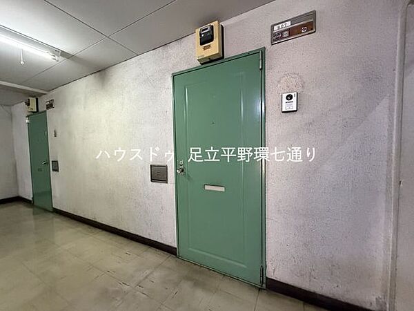 玄関ドアはインターホン付きで来客対応もスムーズ。シンプルで使いやすい共用廊下です。