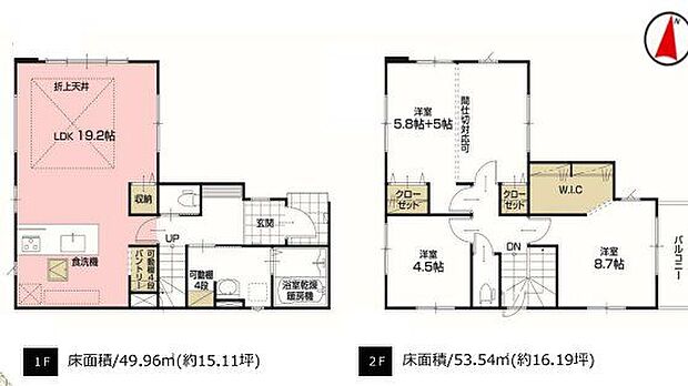 19.2帖の広々LDKを中心に、ウォークインクローゼット付きで収納豊富。家族構成に合わせて使いやすい4LDK設計です。