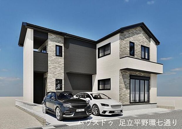 重厚感ある外観デザインが街並みに映える新築戸建。駐車2台可能で、ゆとりある敷地設計も魅力です。