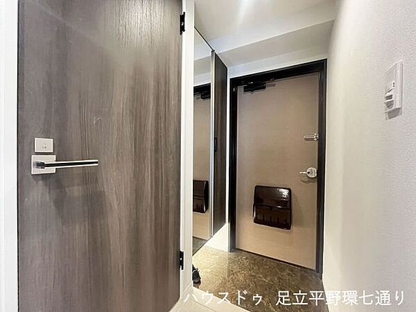 落ち着いた色調でまとめた玄関まわり。ミラー付きでお出かけ前の身だしなみ確認にも便利です。