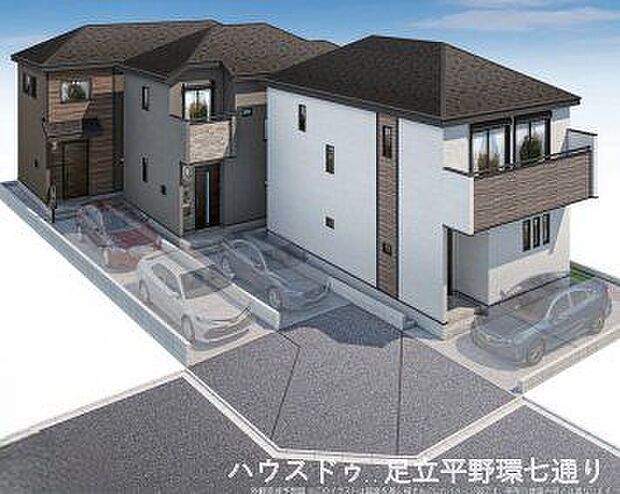 落ち着いた配色の外観パース。駐車スペース付きで、家族の新生活をイメージしやすい新築戸建です。