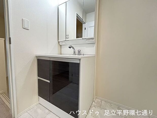 三面鏡付き洗面化粧台を備えた清潔感のある洗面所。収納もあり、毎日の身支度が快適です。