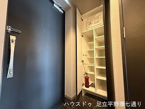 高さのあるシューズボックスには可動棚を備え、靴のサイズに合わせて整理できます。