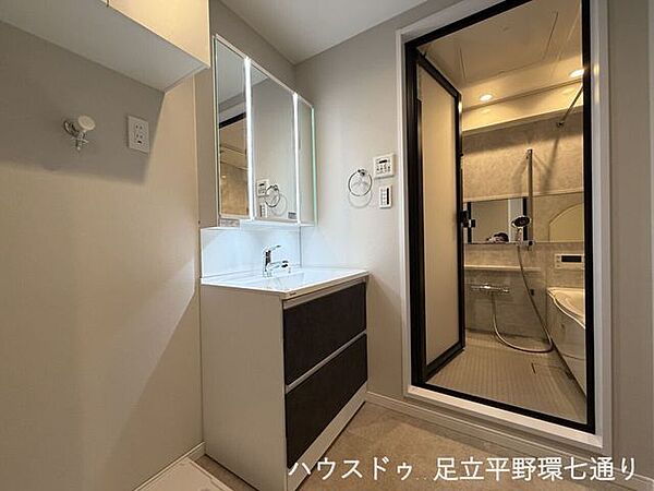 三面鏡付き洗面化粧台を備えた洗面室。鏡裏収納も活用でき、洗面用品をすっきり整理できます。