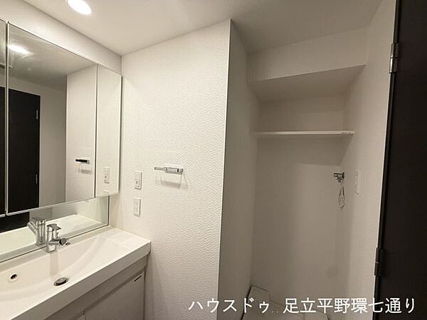 三面鏡付き洗面化粧台と洗濯機置場をまとめ、身支度や家事がしやすい洗面室です。