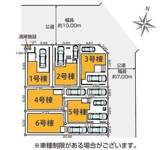 幅員約10mと約7mの公道に囲まれた開放感ある分譲地。6号棟は敷地奥に位置し、落ち着いた住環境が魅力です。
