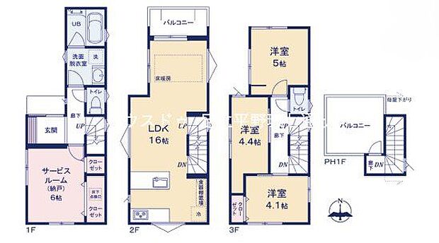 LDK16帖のゆとりある3階建てプラン。サービスルーム付きで多彩な使い方が可能です。