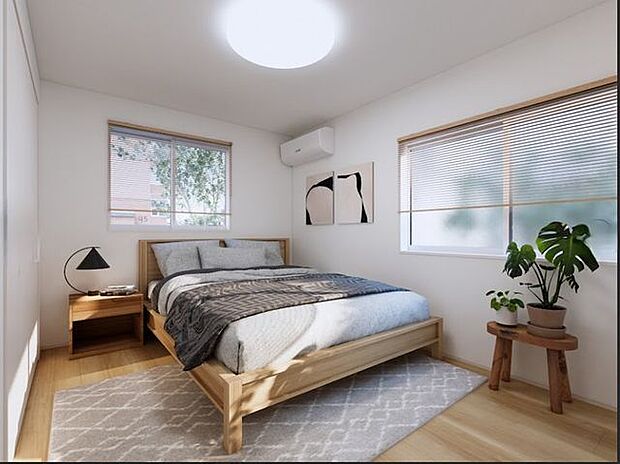 2面採光の明るい洋室。主寝室としても使いやすい落ち着いた空間です。