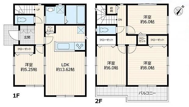 LDK約13.6帖＋全居室収納付きの4LDKプラン。1階洋室やパントリー完備で、家事動線と収納力に優れた使いやすい間取りです。