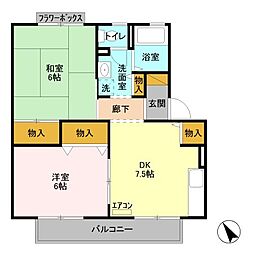 ハイツルミエールA棟 2DKの間取図画像