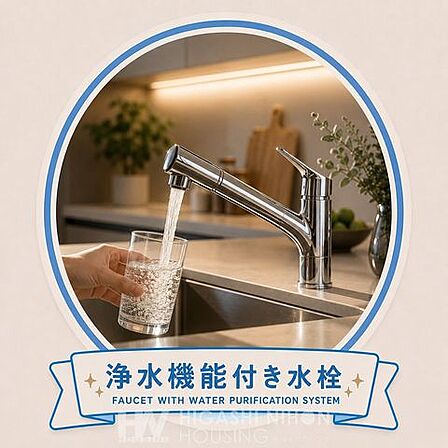 浄水機能付き水栓を採用し、料理や飲み水にも便利。手軽にきれいな水をご利用いただける使い勝手の良い設備です。※掲載画像はイメージであり、実際の設備・仕様・形状とは異なる場合があります。