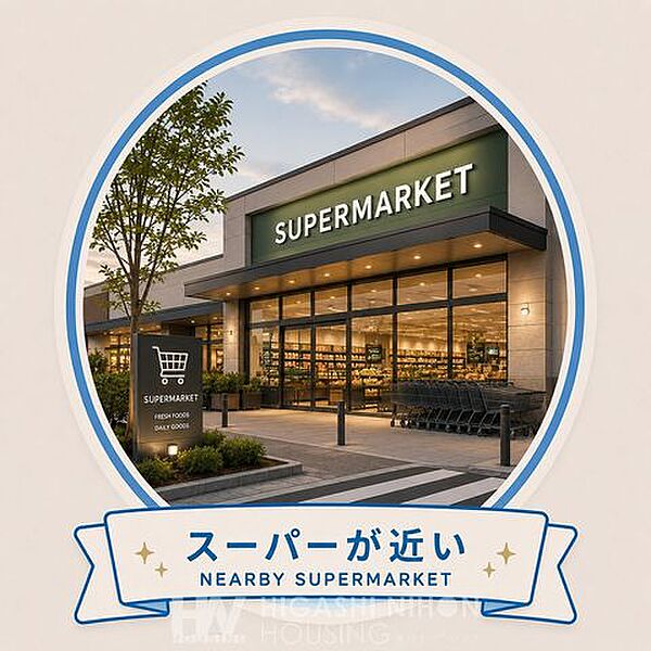 毎日のお買い物に便利なスーパーが徒歩圏内に揃う住環境。家事の負担を軽減し、忙しい毎日を快適にサポートしてくれます。※掲載画像はイメージであり、実際の設備・仕様・形状とは異なる場合があります。